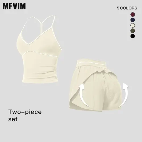 MFVIM Women's 2 Piece Athleisure Wear Gym Yoga Outfit V Neck Contrast Trim Long Camisole Top with Y Back, Side Pockets, Quick Dry Loose Activewear Athletic Shorts, Matching Shorts Athletic Set, 2 Piece Sets,sohochic