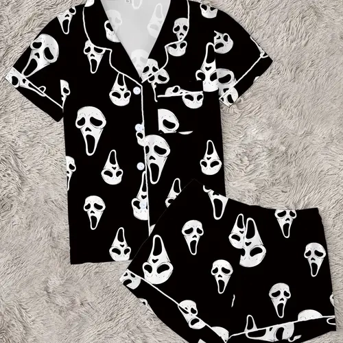 Halloween Pajamas Sets Women, Ghostface Scream Print Loungewear Sets Shirts and Shorts 2pc Button Down Sleepwear