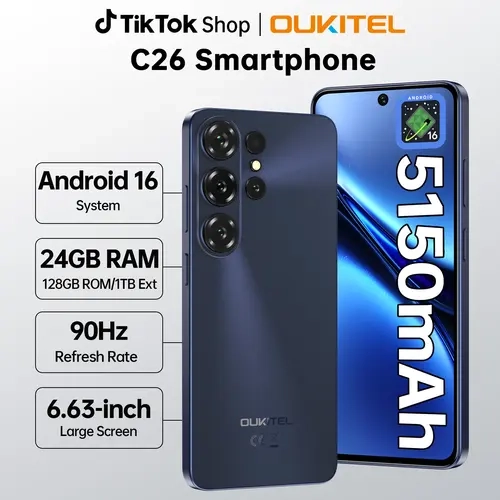 OUKITEL C26 Android 16 Smartphone，24(6+18)GB RAM + 128GB ROM, Octa-Core Mobile Phones，6.63''HD + 90Hz Display，5150mAh Battery，64 MP + 5 MP Camera，Dual SIM/GPS/OTG/T-Mobile,back to school,back to school haul,sohochic