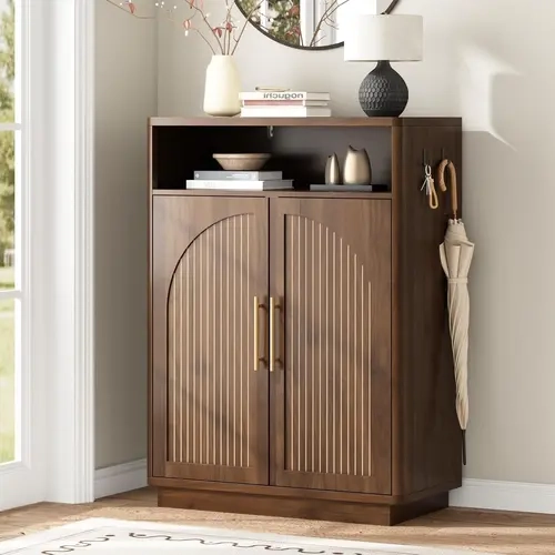 Fluted Shoe Storage Cabinet with 2 Arch Doors, 43" Tall Wood Cabinet | 6-Tier Large Shoe Rack with Adjustable Shelves, Mid Century Modern Hidden Shoes Organizer for Hallway, Entryway, Fits Size 13