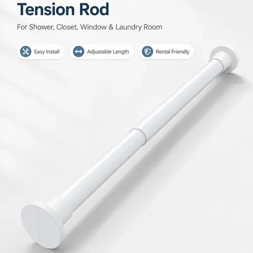 White Adjustable-Tension Drill-Free Telescoping Curtain Rod, Non-Slip Multi-Purpose Home/Bathroom Supply for Shower Stalls, Windows, Rental Units, Dorms