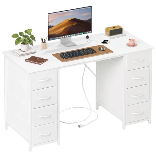Somdot 47in Modern Rectangular Computer Laptop Desk - Home Office Furniture with 8 Fabric Drawers, Charging Station, Power Outlets, Type-C Ports, Metal Legs, Desk for Bedroom, Black