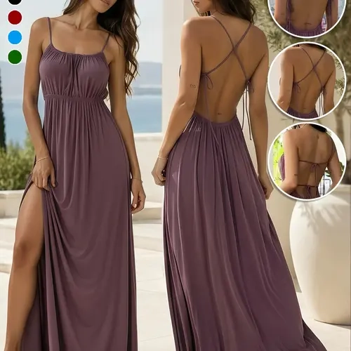 Women's Sweet Style Summer Drawstring Loose Halter Dress, Lazy Pure Color Long Halter Dress, Sexy Fitted Pleated Dress, Elegant Casual Party Vacation Dress, Adjustable