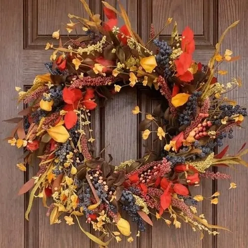 Thanksgiving Fall Wreath with Berries & Leaves, Hook Included, Festive Home Decor for Porch Wall, Room Decor,sohochic