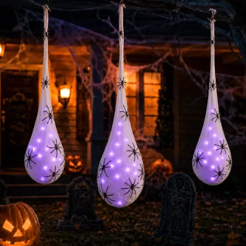 3.2FT Lifelike Sac Shape Halloween Decoration Hanging Light-Up Spider Egg Sacs (3 Packs, Purple) - Ornaments for Kids/Friends Gifts, Indoor/Outdoor Party Favors Home Supplies Festive Decor