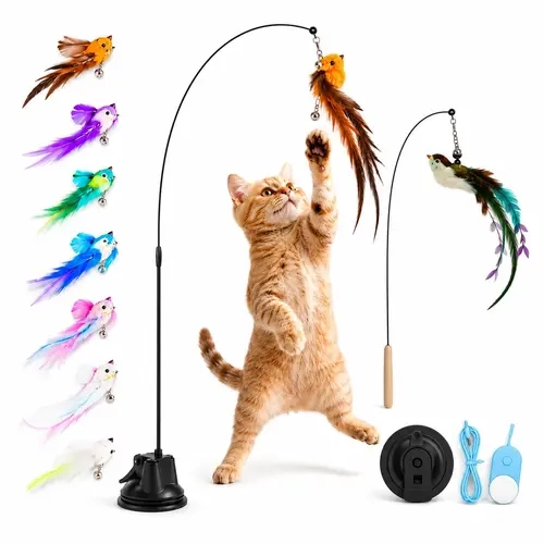 Interactive Bird Cat Toy with Suction Cup – Lifelike Feather Wand That Flutters Like a Real Bird, Hands-Free Self-Play for Indoor Cats, Horizontal & Vertical Mount, 7 Replacement Birds with Bells