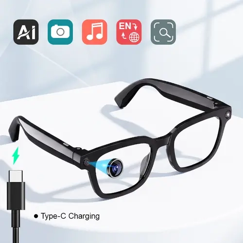 AI Smart Glasses with Camera, Hands-Free Photo & Video Recording, Bluetooth-Connected Wireless Audio Glasses, AI Voice Assistant, Built-In Headphones for Travel & Outdoor Use