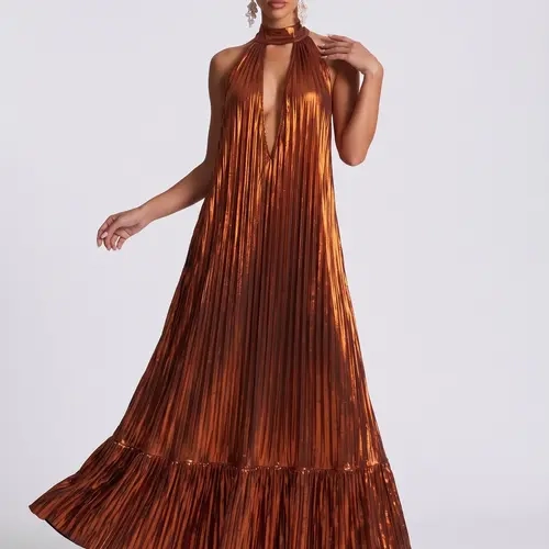 LikeMyChoice Metallic Pleated Halter Maxi Dress Sleeveless Keyhole Front Ruffle Hem Formal Evening Long Dress for Women