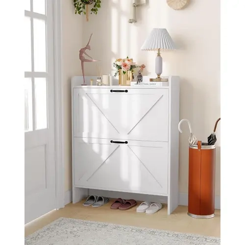 Garvee Space-Saving Narrow Shoe Storage Cabinet with 2 Turnover-Down Drawers - Hidden Dustproof Shoe Organizer, Adjustable Shelf, Anti-Tip, MDF with Metal Legs for Entryway/Hallway/Bedroom