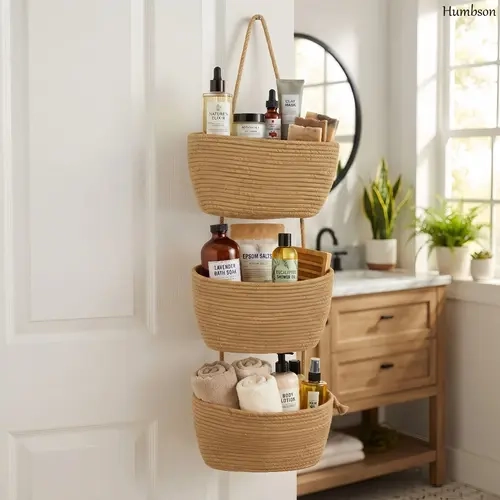 Humbson 11 in 3-Tier Boho Jute & White Handwoven Over-The-Door Hanging Organizer with Hooks - Wall Mount Storage for Pantry, Portable Home Decor Accessory