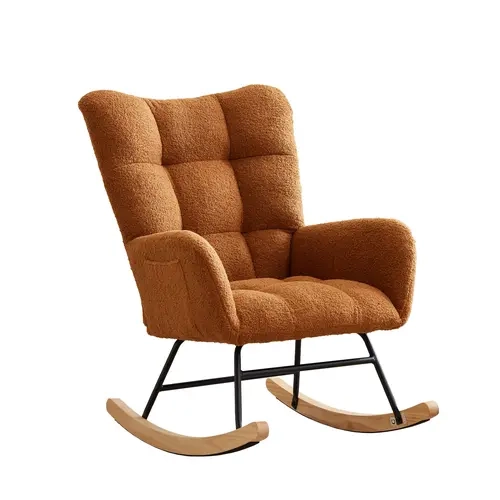Garvee Modern Teddy Boucle Rocking Chair - Single Seat, Comfy Upholstered High Back Glider Accent Chair with Side Pocket, Ergo Arms, Silent Non-Slip Rubber Wood Base & Sturdy Metal Frame for Living Room Bedroom Reading