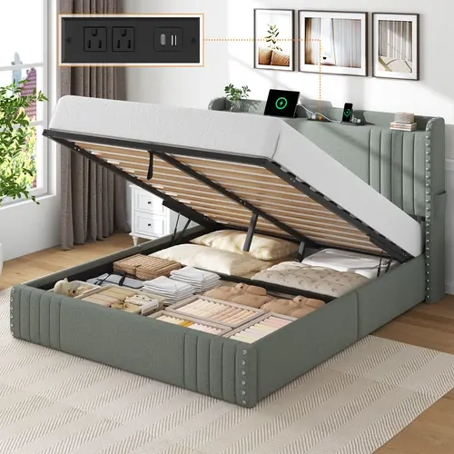 TryLazy Lift Up Storage Bed Frame with Charging Station, Modern Linen Upholstered Headboard, Heavy Duty Gas Lift Support, No Box Spring Needed,Wood Slats Support, Full Queen Size