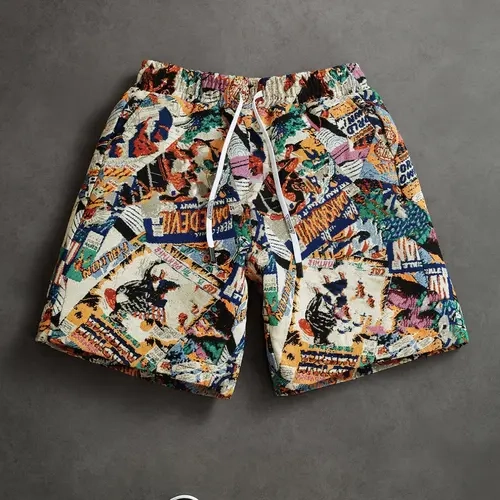 Summer Trendy Printed Casual Graphic Shorts, High-Waist Elastic Drawstring Design, Street Style Comic Collage Art, Unisex Loose Casual Shorts, Daily Shorts