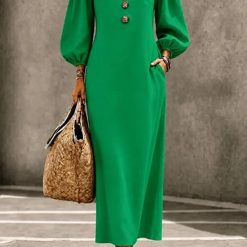 Women's Solid Color Casual Long Flowy Summer Dress, V Neck Three Button Closure, Sleeveless with Pockets, Loose Fit for Commute and Vacation