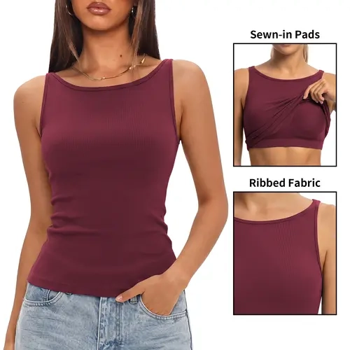 ATTRACO Ribflex Workout Tank Tops for Women with Built in Bra Boat Neck Sewn in Bra, Light-to-Medium Support, Ribbed Seamless, Full Back, Hip Length, Yoga Running Pilates Casual Daily Wear