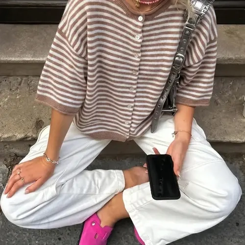 Women's Casual Striped Knit Top, Five-Quarter Sleeve Button Front, Loose Fit, Spring Summer Fall, Street Style, Date Night, Knit Sweater Tops