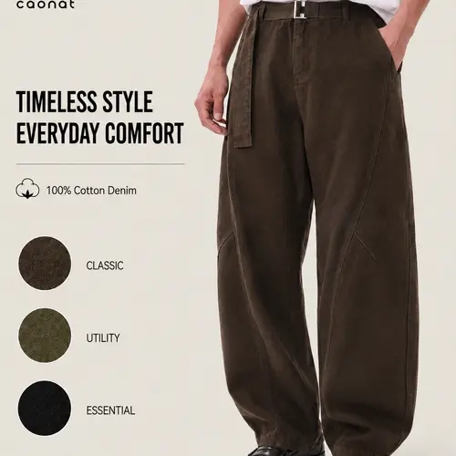 Men’s Vintage 100% Cotton Wide-Leg Pants, Relaxed Baggy Fit with Curved Seam Detail and Adjustable Belt, Retro Streetwear Trousers