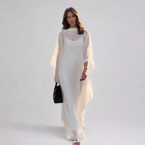 LikeMyChoice Women Flowy Chiffon Maxi Dress Set Sheer High Neck Cape Cover Up Satin Slip Long Dress Vacation Wedding Guest Outfit
