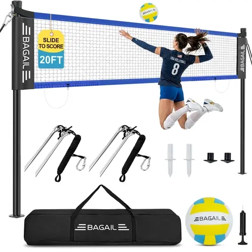 【BackToSchool】BAGAIL Outdoor Volleyball Net Set 20FT/32FT, Portable for Beach, Backyard | Complete Kit with Carry Bag, Ball & Pump, Integrated Scoring System, Anti-Sag, All-Weather Durability, Easy 5-min Setup