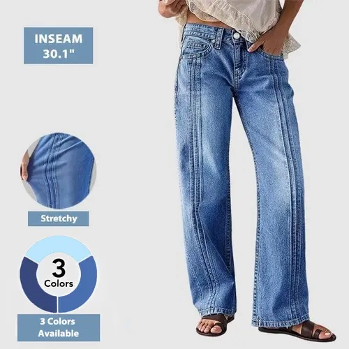Flamingals Wash Stitch Detail Mid Waist Straight Leg Jeans Stretchy 30.1'' Inseam