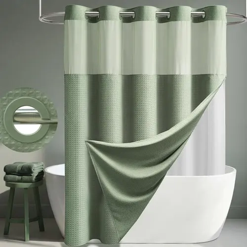 DYNAMENE Waffle No Hook Shower Curtain and Liner Set, Heavy Duty Double Layer Multi-Size Waterproof Waffle Texture with Removable Snap-On Fabric Liner & Mesh Window, Hotel Bathroom Accessory,sohochic