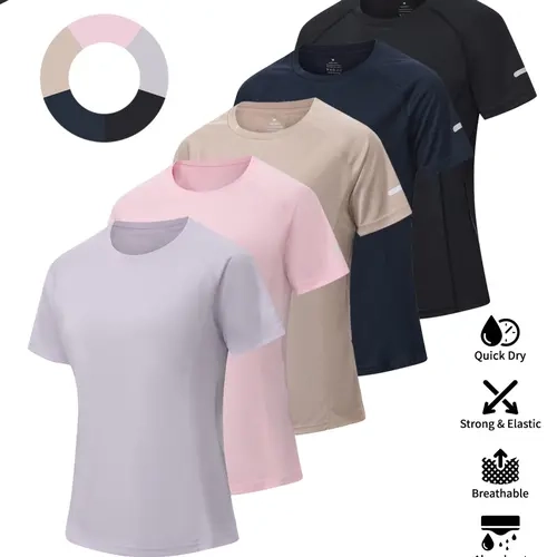 Women's Sporty Plain Color T-Shirt, Slim-Fit Round Neck Short Sleeve, Reflective Trim, Ideal for Yoga, Running, Outdoor Activities, Running T Shirts