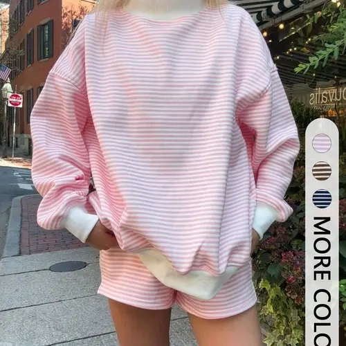 Women's 2-Piece Set, Round Neck Loose Long Sleeve Striped Top + Casual Shorts, Home Office, Colorblock Design, Daily Essential, Everyday