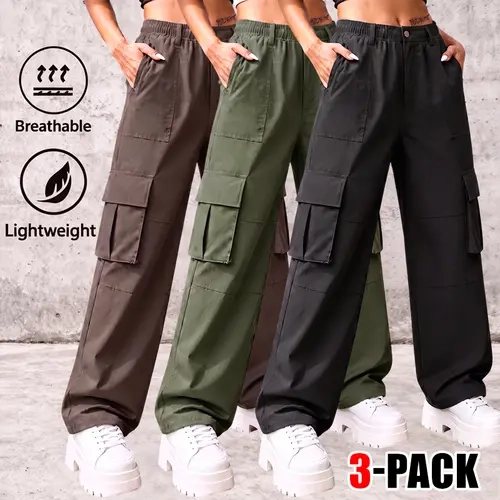 Women’s three-piece cargo pants set featuring wide-leg cargo pants with an elastic waistband; lightweight, breathable cargo long pants made from a woven fabric that is skin-friendly and allows for comfortable, cool wear even after prolonged use—no feeling