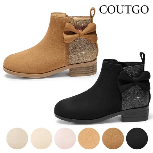 Coutgo Girls' Round Toe Plain Synthetic Suede Bow Glitter Ankle Booties, Side Zipper Low Heel All Seasons Dress Footwear,sohochic