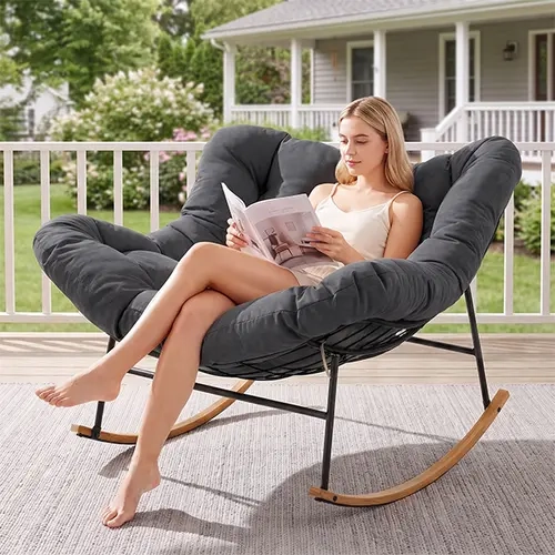 ONBRILL Gray Oversized Papasan Rocking Furniture - Indoor/Outdoor 450 lbs Capacity Egg Lounger with Thickened Cushioned Seats, Cozy Home Leisure Chair for Bedroom Reading Glider