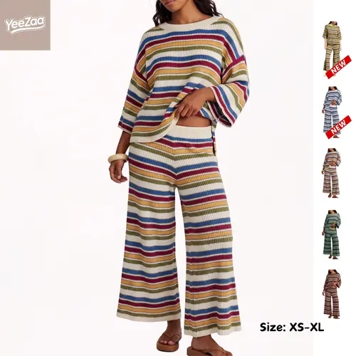 YeeZaa Striped Knit Sweater Set for Women 2 Piece multicolor stripe Crew Neck 3/4 Sleeve Loose Top Wide Leg Pants Oversized Fall Winter Casual Vacation Loungewear Matching Outfits