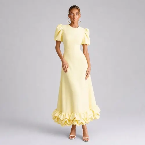 LikeMyChoice Puff Sleeve Round Neck Ruffle Hem Midi Dress Elegant Modest Wedding Guest Casual Formal Dress For Women