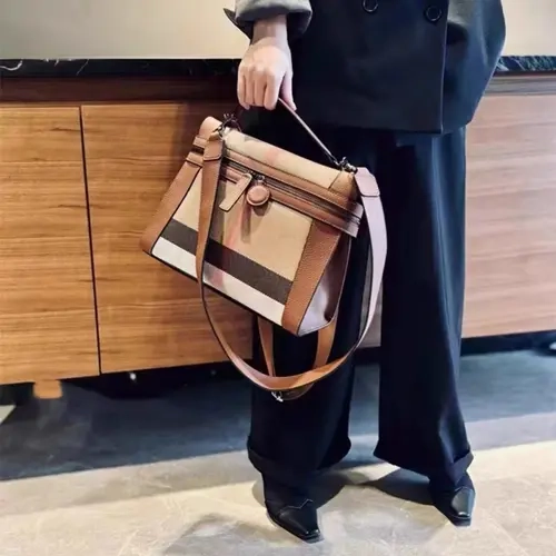 New 2026 Large‑Capacity Women's Handbag, High-End Plaid Boho Style Genuine Leather & Canvas Casual Bag, Fashionable Daily Shoulder Crossbody Handheld Bag