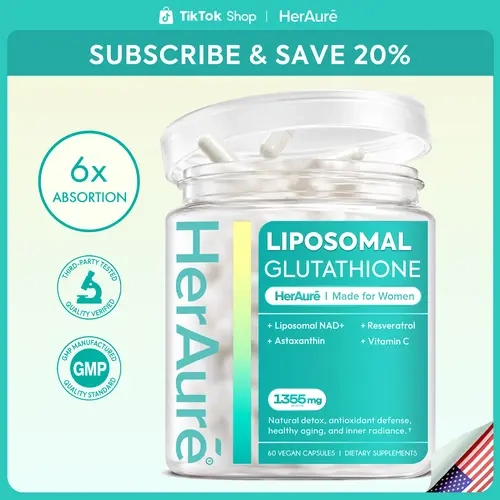 HerAuré Liposomal Glutathione 1355mg - Glutathione Supplement with Resveratrol, NAD+, Vitamin C & Astaxanthin - Ultra-High Absorption for Healthy Skin, Oxidative Stress Defense, Immune Support, Daily Energy & Liver Detox Support #backtoschool