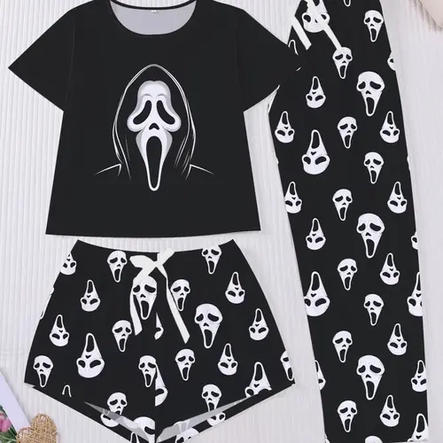 Halloween Pajama Set, 3-Piece Ghost Face Print Women's Sleepwear, Short-Sleeve Round Neck Top, Elastic Waist Shorts and Pants, Casual Loungewear for Home