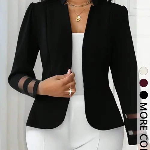 Elegant Women's Open Front Blazer Jacket with Puff Sleeves, Sheer Panel Cuffs, Tailored Fit Dressy Office Workwear Outerwear for Business Casual Party Looks