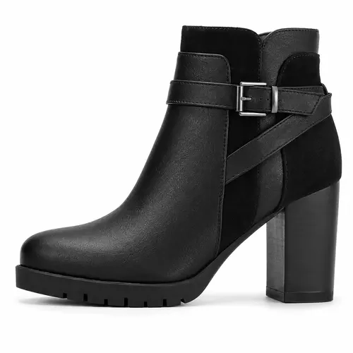 Mysoft Women's Black PU Leather Chunky Block Heel Ankle Boots - Buckle Strap, Platform, Non-Slip, Side Zip Chelsea Booties for Fall, Winter Fashion,sohochic