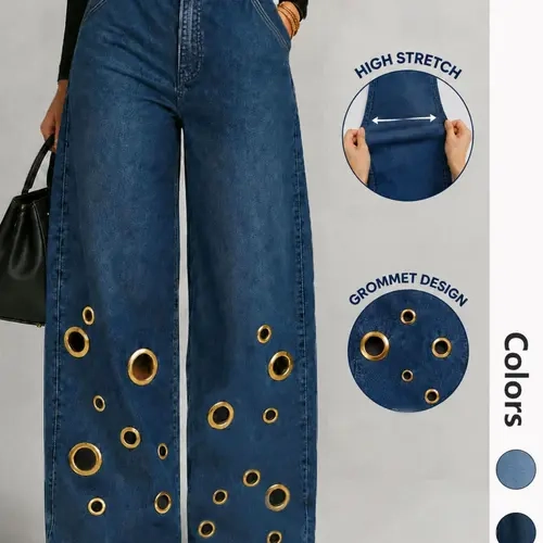 Plus Size High Waist Stretch Straight Leg Jeans, Vintage Wide Leg Pants with Metal Rings, Casual Button Fly Long Jeans for All Seasons