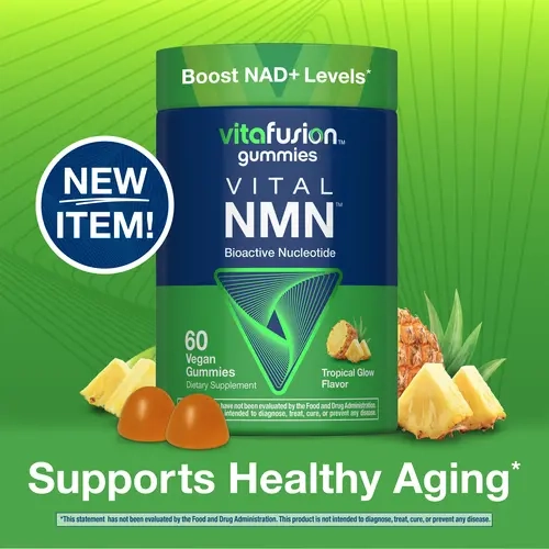 [Vitafusion] NMN Gummies - Bioactive Nucleotide - Tropical Glow Flavor - Boost NAD + Levels - 60 Vegan Gummies