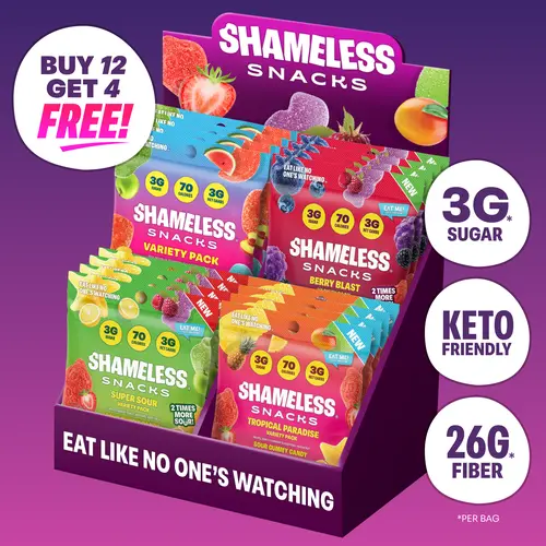 Shameless Snacks Low Sugar Plant-Based Gummy Snacks Bundle - Buy 12 Get 4 Free Single-Serve Packs, Includes Sweet & Sour All-Stars, Berry Blast, Tropical Paradise, Super Sour Variety - Keto-Friendly, Vegan, Gluten-Free
