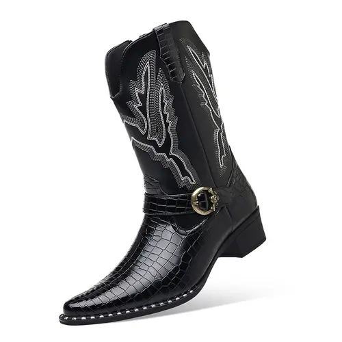 Men’s American Western Cowboy Mid-Height PU Leather Boots — Thick Sole, Waterproof, Non-Slip, Wear-Resistant, Zipper Closure, Suitable for All Seasons, Ideal for Commuting
