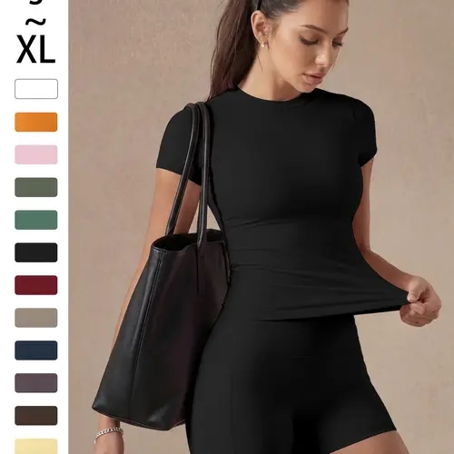 2-Piece Solid-Color Athletic T-Shirt Set Women's Sportswear Set, Slim-Fit RoundNeck Short Sleeves & High-Waisted YogaPants, Ideal for Gym Running OutdoorActivities,  Stretchy Suit Set, Fitness Outfits,Workout Running Outfits-8010 Sporty Crew Neck Sweat Su