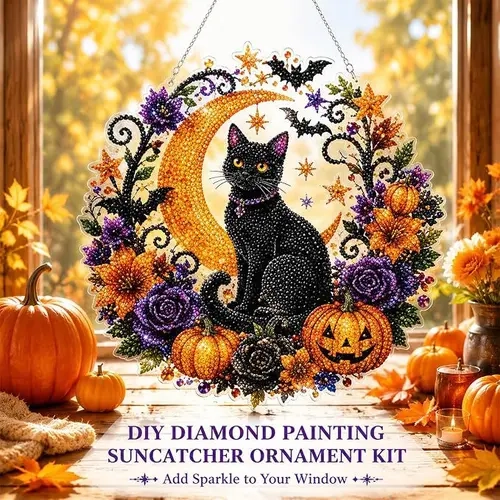 Halloween Diamond Painting Suncatcher Ornament Kit, Pumpkin Black Cat DIY Gem Art Hanging Decoration, Acrylic Window Hanging Craft Kit, Sparkling Fall Home Decor Gift,sohochic