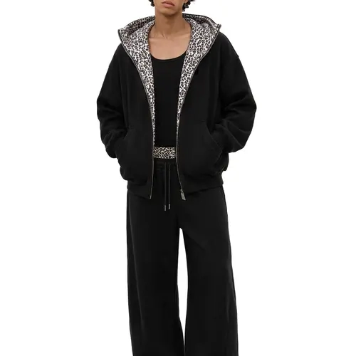 FDR Unisex Leopard Trim Zip-Up Hoodie & Double Waist Barrel Pants Set, Big Hood Yellow Sweatshirt Oversized Relaxed Fit Vintage Streetwear, Y2K Two-Piece Outfit for Everyday Casual Style