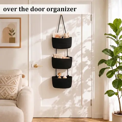 14in 3-Tier Woven Cotton Over-The-Door Hanging Basket Organizer with Handles, Multifunctional Storage for Bathroom Beauty Essentials, Closet Organization, Home Decor