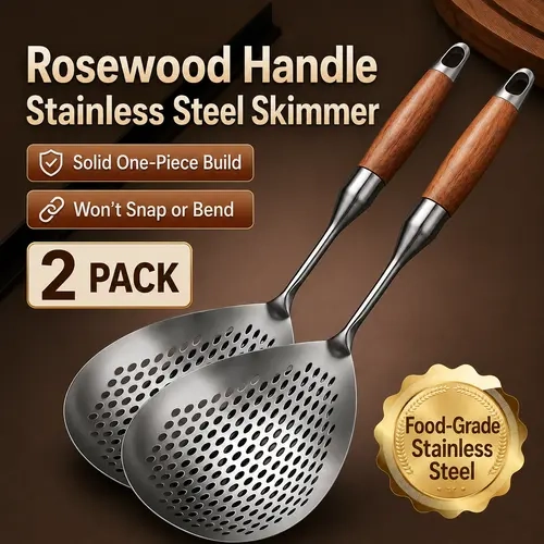 Wooden Handle Stainless Steel Skimmer, Skimmer Slotted Spoon, Ladle Spoon with Heat-Resistant Long Handle, Extra Thick Spider Strainer for Deep Frying, Boiling & Fast Oil Draining