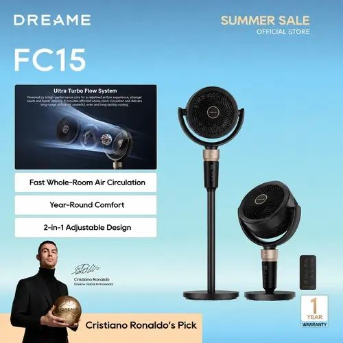 DREAME FC15 Pedestal Air Circulator Cooling Fan for Bedroom, Black - Oscillating Standing Fan with Ultra Turbo Flow, 9 Speeds, 3 Modes, Height-Adjustable Design, Washable Pre-Filter, LED Screen, Timer