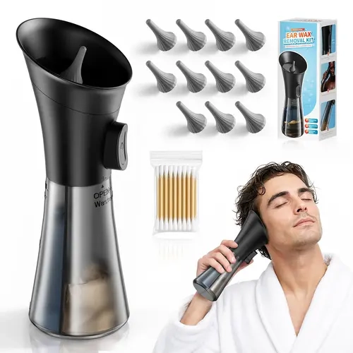[backtoschool]Manual 1-Handed Earwax Removal Set with Water Irrigation, 2-in-1 Drainage Tank, 3 Nozzle Attachments, Safe Ear Cleaner for Adults and Children,sohochic sohochic