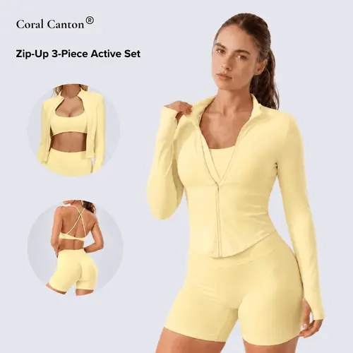 Coral Canton Zip-Up 3-Piece Active Set SohoChic