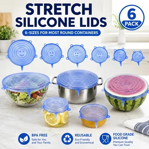 6-Pack Silicone Stretch Lids (2.6in, 3.7in, 4.3in, 5.5in, 6.3in, 7.7in) - BPA-Free Food-Grade Reusable Covers for Bowls, Pots, Cups